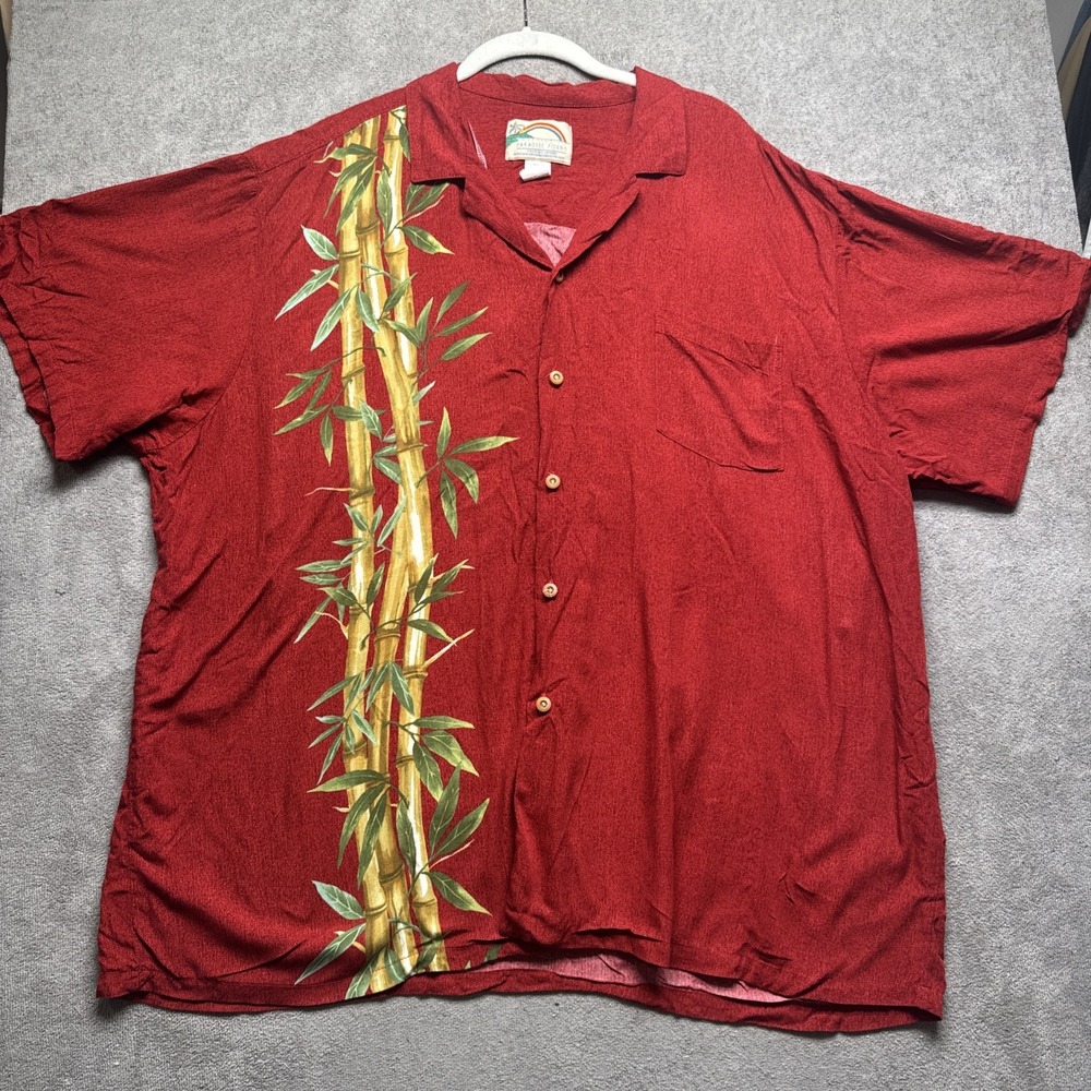 Red Hawaiian Shirt Mens 3XL‎ Paradise Found Rayon Bamboo Print Aloha Camp Style